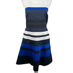 DKNY Blue Black Striped Strapless Fit & Flare Special Occasion Dress Size 12 NEW
